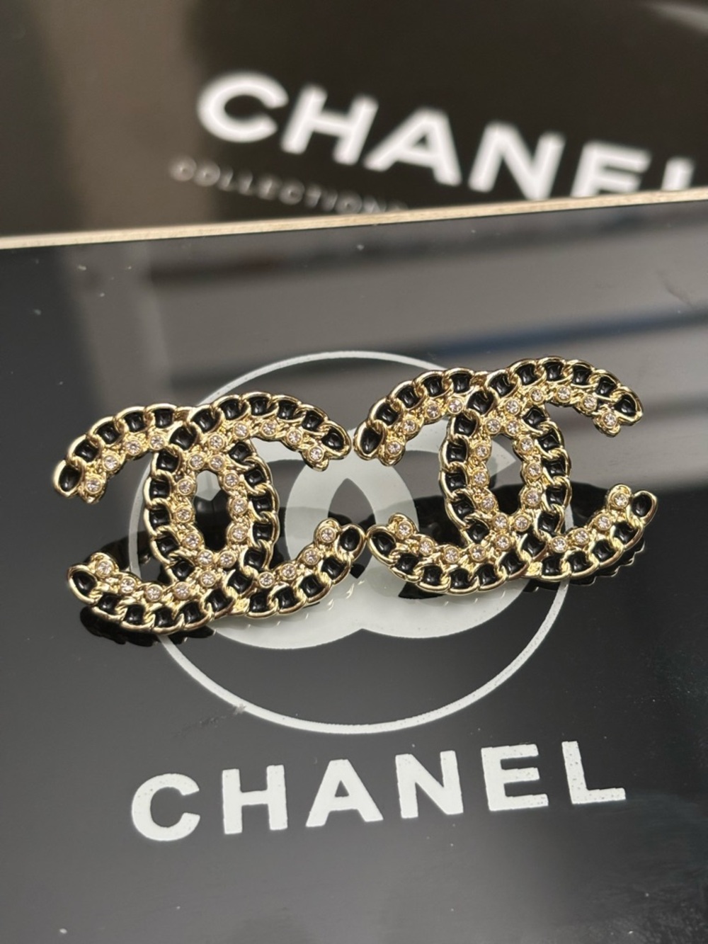 Gold and Black Interlocking CC Crystal Earrings